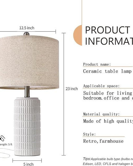 PoKat 23" Table Lamp, Farmhouse Bedside Lamps for Bedroom Set of 2, Ceramic End Table Lamps for Living Room, Traditional Nightstand Desk Lamps, Frosted White Lamps, Medium - LeafyLoom