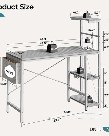Bestier Gaming Desk with Power Outlets, 44 Inch Led Gamer Desk with 4 Tiers Reversible Shelves, PC Gaming Table with Headset Hook & Side Storage Bag for Bedroom (Grey 3D Carbon Fiber) - LeafyLoom