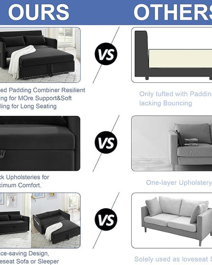 New Model 3-in-1 Sleeper USB Port Adjustable Velvet Convertible Sofa with Pull Out Bed, 2 Pillows & Side Pocket – Ideal for Living Room and Bedroom, Black - LeafyLoom