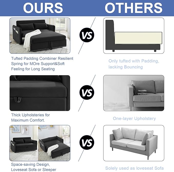 New Model 3-in-1 Sleeper USB Port Adjustable Velvet Convertible Sofa with Pull Out Bed, 2 Pillows & Side Pocket – Ideal for Living Room and Bedroom, Black - LeafyLoom