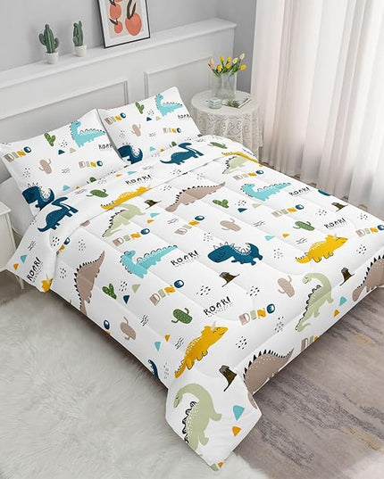 Datura home Dinosaur Comforter Set White Kawaii Dinosaur Printed Quilt Bedding Set with 1 Comforter and 2 Pillowcases for Boys and Girls Bedroom All Season(White Dinosaur Full) - LeafyLoom