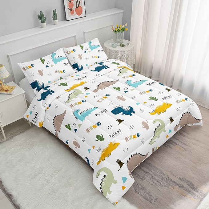 Datura home Dinosaur Comforter Set White Kawaii Dinosaur Printed Quilt Bedding Set with 1 Comforter and 2 Pillowcases for Boys and Girls Bedroom All Season(White Dinosaur Full) - LeafyLoom
