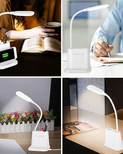 LED Desk Lamp, NovoLido Rechargeable Lamp with USB Charging Port/Pen Holder/Phone Holder, Small Study Cute for Kids/Home/Office/Dorm, Flexible Portable Bedside Table Reading (White) - LeafyLoom