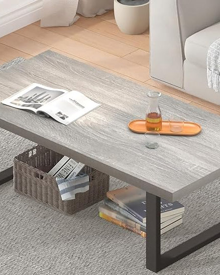 IBF Grey Coffee Table, Wood Metal Coffee Table for Living Room, Farmhouse Minimalist Rustic Center Table, Industrial Simple Rectangle Wooden Cocktail Tea Table for Bedroom, Light Grey Oak, 47 Inch - LeafyLoom