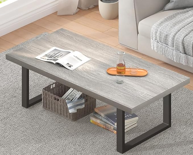 IBF Grey Coffee Table, Wood Metal Coffee Table for Living Room, Farmhouse Minimalist Rustic Center Table, Industrial Simple Rectangle Wooden Cocktail Tea Table for Bedroom, Light Grey Oak, 47 Inch - LeafyLoom