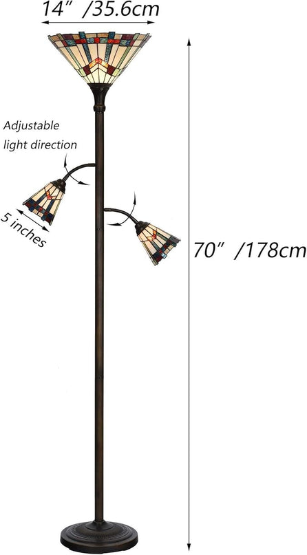 Bieye L10812 Mission Tiffany Style Stained Glass Floor Lamp for Reading Working Decorating, 3-Lights, 70 inches Tall - LeafyLoom