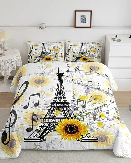 Feelyou Eiffel Tower Kids Comforter Set Cute Sunflower Comforter for Boys Children Teens Bedroom Decor Paris Tower Bedding Set Floral Music Themed Duvet Set King Size with 2 Pillow Case - LeafyLoom