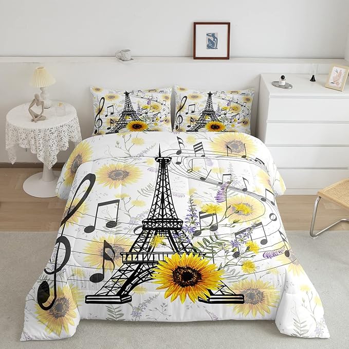 Feelyou Eiffel Tower Kids Comforter Set Cute Sunflower Comforter for Boys Children Teens Bedroom Decor Paris Tower Bedding Set Floral Music Themed Duvet Set King Size with 2 Pillow Case - LeafyLoom