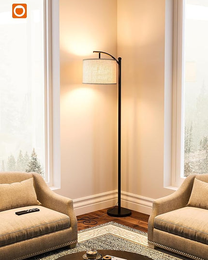 addlon Floor Lamp for Living Room with Remote, Dimmable Standing lamp with Linen lampshade for Bedroom, Office, Lamps with 9W LED Bulb Included - Black with Beige Lampshade - LeafyLoom
