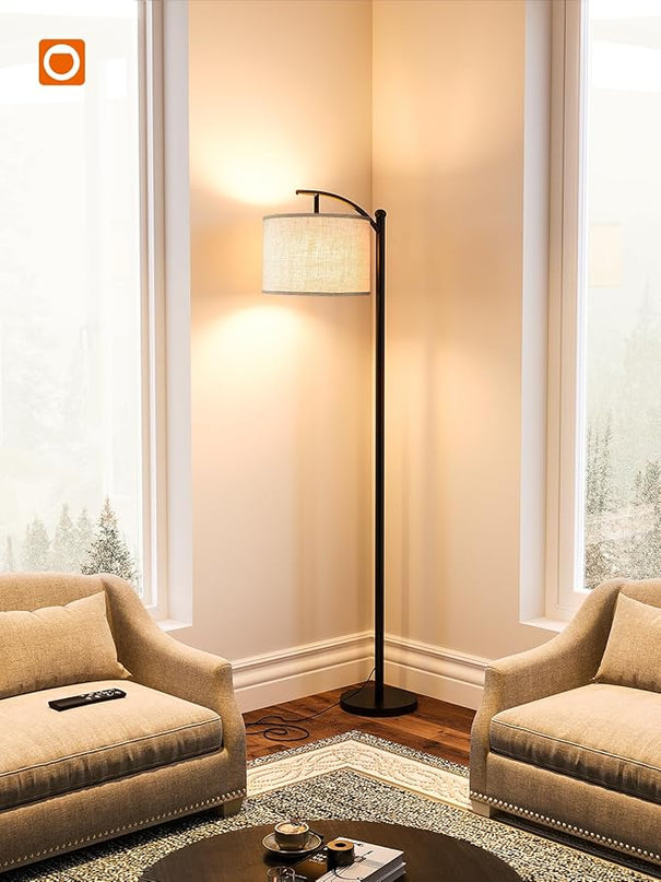 addlon Floor Lamp for Living Room with Remote, Dimmable Standing lamp with Linen lampshade for Bedroom, Office, Lamps with 9W LED Bulb Included - Black with Beige Lampshade - LeafyLoom