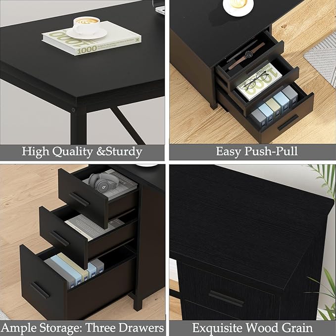 HSH Large Black L Shaped Desk, Corner Wood Computer Desk with Drawer, Modern Work Home Office Desk with Storage Cabinet, Industrial Executive PC Study Writing Desk for Living Bedroom, Black, 59 Inch - LeafyLoom
