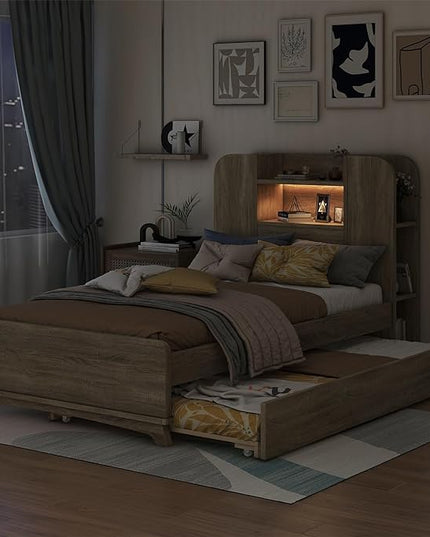 Merax Twin Bed Frame with Trundle and Bookcase Headboard,Kids Wood Platform Bed with Pull Out Bed and Light Strip in Headboard - LeafyLoom