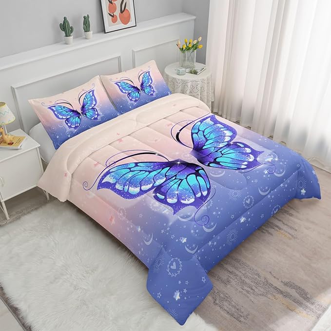 Datura home Bedding Comforter Set Pink Purple Butterfly Printed Pattern Quilt with 1 and 2 Pillowcases for Girls Bedroom All Season(Butterfly Full) Full 80x90inches - LeafyLoom