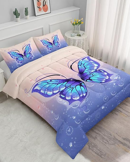 Datura home Bedding Comforter Set Pink Purple Butterfly Printed Pattern Quilt with 1 and 2 Pillowcases for Girls Bedroom All Season(Butterfly Twin) Twin 68x86inches - LeafyLoom