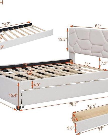 Full Size Linen Upholstered Platform Bed with Twin Size Trundle and 2 Drawers,Bedroom Bed Frame w/Brick Pattern Headboard,Wooden Slats Supproted,for Teens Kids Adults,Beige - LeafyLoom