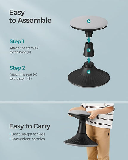 SONGMICS Kids Wobble Chair, Wiggle Stool for Kids Ages 5-8, Comfortable 60D Foam Seat, Breathable Fabric, Anti-Slip Base, 14.2-Inch High, Tool-Free Assembly, Ink Black and Dove Gray UOSC009B01 - LeafyLoom