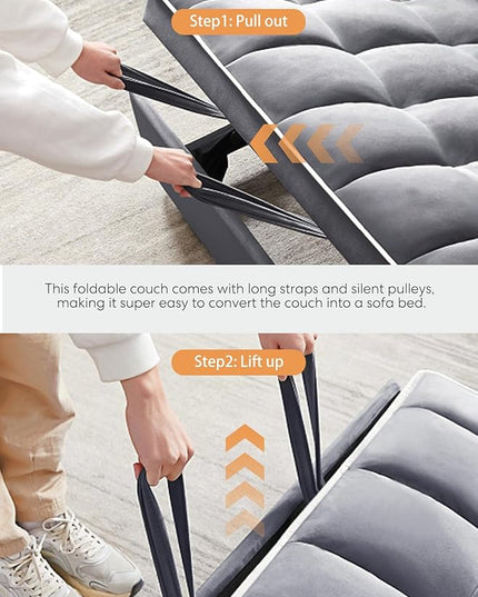 55" Full Size Pull Out Couch, 3 in 1 Convertible Futon Sofa Bed, Velvet Loveseat Sofa Cama, Foldable Lounge Sleeper Sofa with Pullout Bed, Small Couch for Living Room, Type C & USB Port - LeafyLoom