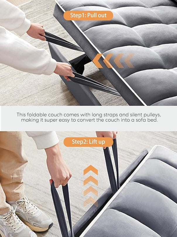 55" Full Size Pull Out Couch, 3 in 1 Convertible Futon Sofa Bed, Velvet Loveseat Sofa Cama, Foldable Lounge Sleeper Sofa with Pullout Bed, Small Couch for Living Room, Type C & USB Port - LeafyLoom