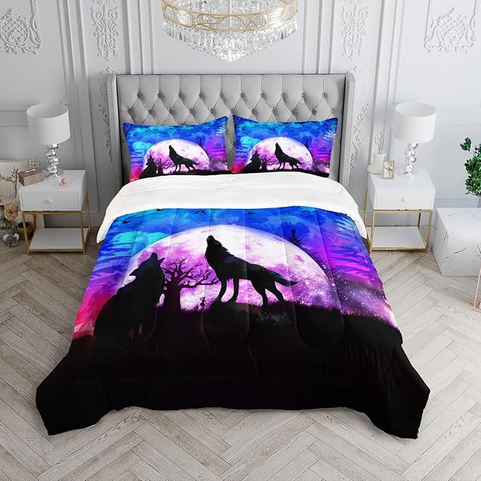 Wolf Comforter Set Galaxy Wolf Night Moon Bedding Set for Kids Teens Room Decor Wild Animals Comforter with 2 Pillowcases - LeafyLoom