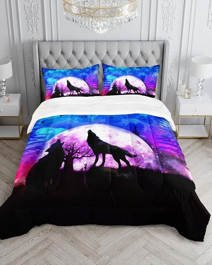 Wolf Comforter Set Galaxy Wolf Night Moon Bedding Set for Kids Teens Room Decor Wild Animals Comforter with 2 Pillowcases - LeafyLoom