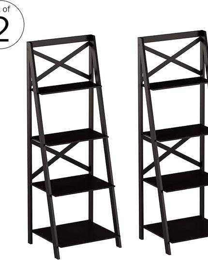 Lavish Home 4-Tier Ladder Bookshelf Set – Set of 2 Free Standing Wooden Living Room Shelves – Decorative Bookcases for Home and Office (Black) - LeafyLoom
