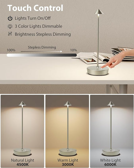 Cordless Table Lamps Rechargeable, 6000mAh Battery Operated LED Desk Lamp Outdoor Waterproof Portable Touch Dimmable Table Night Light for Patio Restaurant Dining Home Silver - LeafyLoom