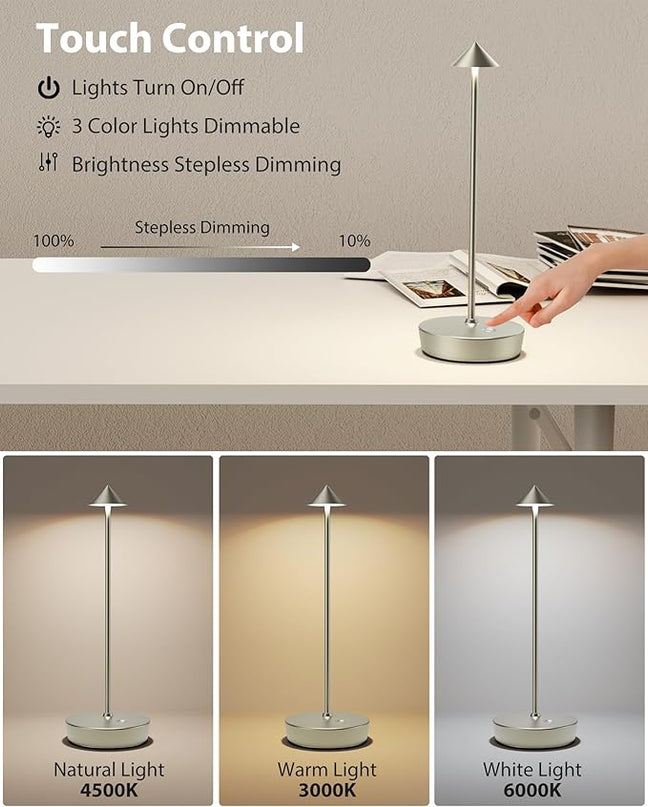 Cordless Table Lamps Rechargeable, 6000mAh Battery Operated LED Desk Lamp Outdoor Waterproof Portable Touch Dimmable Table Night Light for Patio Restaurant Dining Home Silver - LeafyLoom