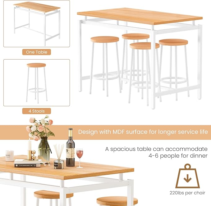 DKLGG Dinner Table Set for 4, Modern Kitchen Table and Chairs for 4 Wooden Top and Adjustable Metal Legs, Small Dining Room Table Set 5 Pieces Compact Design for Small Space - LeafyLoom