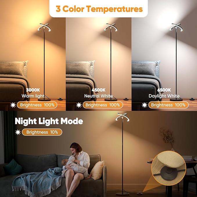 Modern LED Floor Lamp, Rotatable Standing Lamp with Foot Switch, 20W Bright Reading Floor Light with 3 Color Temperatures, Black Stand up Lamp Tall Lamp for Living Room, Bedroom, Office - LeafyLoom