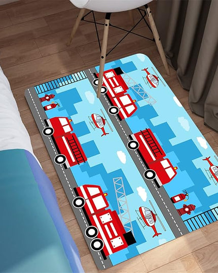Car Rug Play Mat Car Rug Play Mat Car Rug for Boys Room Fire Fighting Truck Red Car Printed Rug Play Rug for Cars and Trucks Play Rugs for Kids Rooms,Light Blue 2'×3' - LeafyLoom