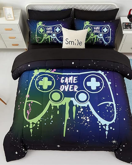 Kids Gaming Bedding Sets Full Size for Boys Teen, 5 Piece Bed in a Bag Gamer Comforter Set with Sheets, 3D Colorful Video Game Controller Comforter, All Season Soft Microfiber Bed Set(Blue,Full) - LeafyLoom