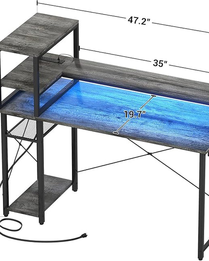 47" Gaming Desk with Storage, Computer Desk with LED Lights, Home Office Desk with Adjustable Shelves & Power Outlets, Gaming Computer Desk with Long Monitor Stand - LeafyLoom