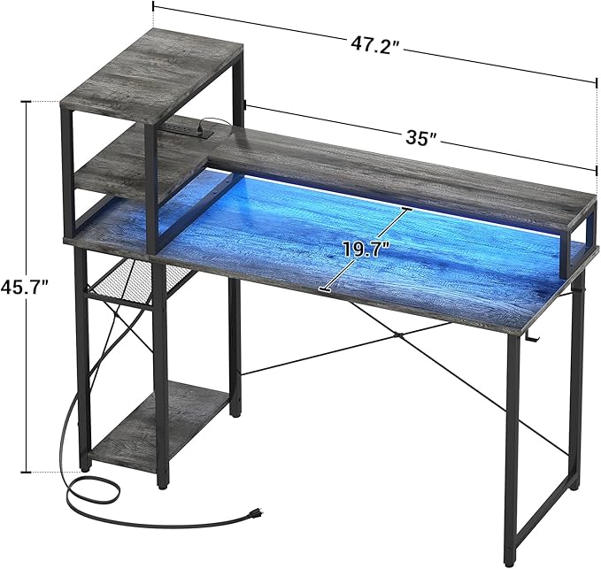 47" Gaming Desk with Storage, Computer Desk with LED Lights, Home Office Desk with Adjustable Shelves & Power Outlets, Gaming Computer Desk with Long Monitor Stand - LeafyLoom