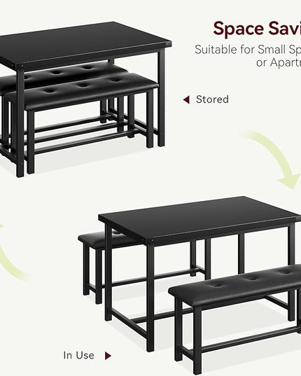 GAOMON Dining Table Set for 4, Kitchen Table with Benches, Rectangular Dining Room Table Set with 2 Upholstered Benches, 3 Piece Kitchen Table Set for Small Space, Apartment, Studio, Retro Black - LeafyLoom