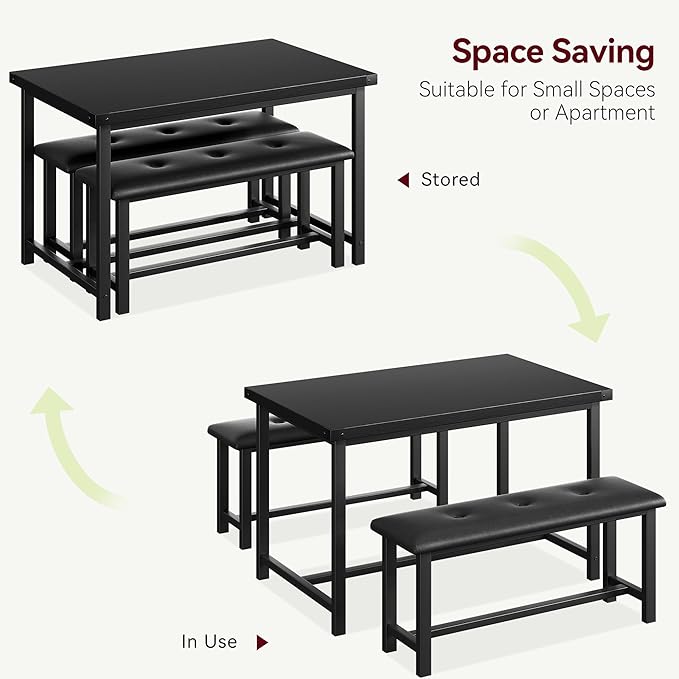 GAOMON Dining Table Set for 4, Kitchen Table with Benches, Rectangular Dining Room Table Set with 2 Upholstered Benches, 3 Piece Kitchen Table Set for Small Space, Apartment, Studio, Retro Black - LeafyLoom