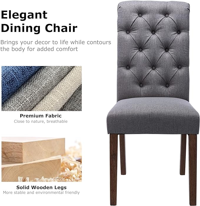 COLAMY Button Tufted Dining Chairs Set of 2, Parsons Upholstered Fabric Dining Room Chairs Kitchen Chairs with Wood Legs and Padded Seat, Dark Grey - LeafyLoom