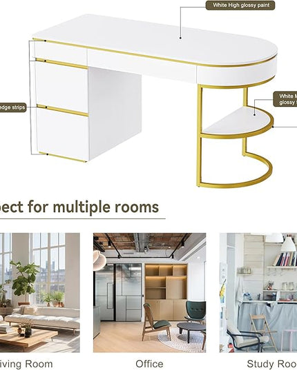 NicBex Laik-DW-00036-DX Desks, 60" W x 26.1" D x 31.9" H, Gold+White - LeafyLoom