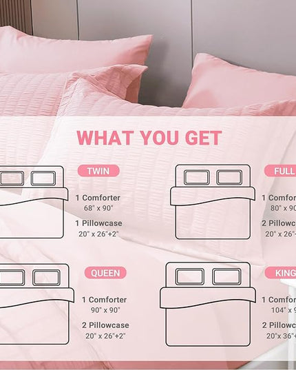 HYMOKEGE Seersucker Comforter Set Full Size 3 Pieces, Lightweight Comforter Sets for Bedding, Bed Set with 1 All Season Soft Down Alternative Comforter and 2 Pillow Shams, Pink - LeafyLoom