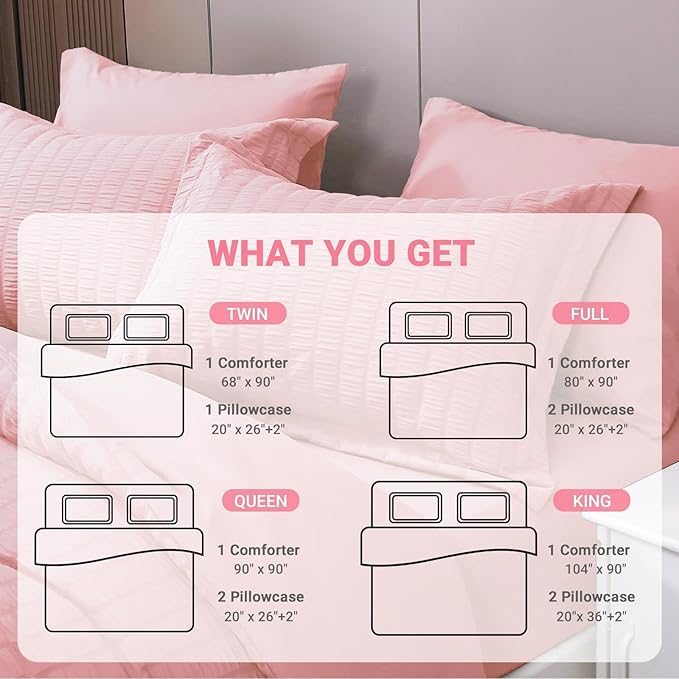 HYMOKEGE Seersucker Comforter Set Full Size 3 Pieces, Lightweight Comforter Sets for Bedding, Bed Set with 1 All Season Soft Down Alternative Comforter and 2 Pillow Shams, Pink - LeafyLoom