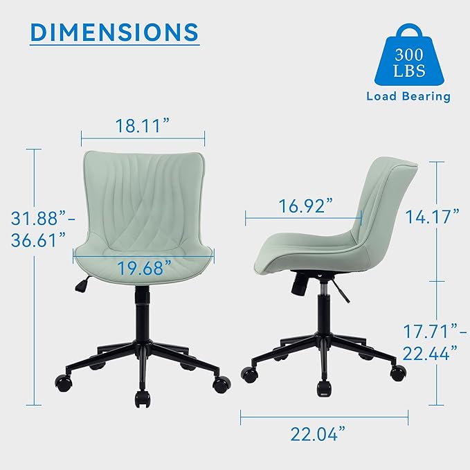 YOUNIKE Office Chair, Armless Desk Chair with Wheels, Home Office Computer Task Chairs, Modern Faux Leather Padded Vanity Chair, Adjustable Swivel Rolling Office Chair with Back, Mint Green - LeafyLoom
