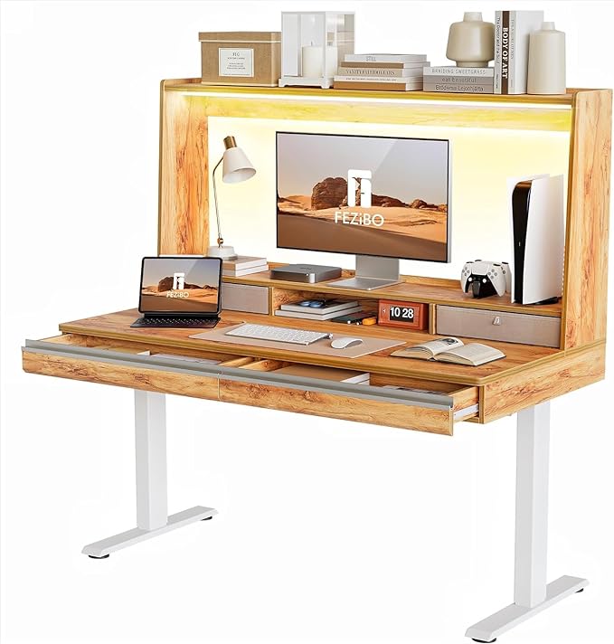 FEZIBO 55 x 27.5 Inches Electric Standing Desk with Open Shelf&LED Strip, Adjustable Height Sit Stand Up Desks with 4 Drawers, Ergonomic Workstation，Light Rustic - LeafyLoom