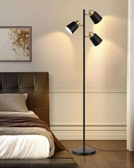 QiMH Tree Floor Lamps for Living Room, 67" Modern Standing Floor Lamp with 3 LED Bulb, Industrial Tall Lamp Reading Lighting for Bedroom Study Office Decor, 3 Rotatable Light Heads, Black Gold - LeafyLoom