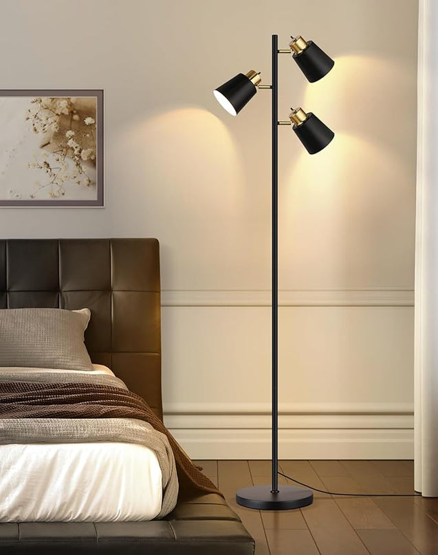 QiMH Tree Floor Lamps for Living Room, 67" Modern Standing Floor Lamp with 3 LED Bulb, Industrial Tall Lamp Reading Lighting for Bedroom Study Office Decor, 3 Rotatable Light Heads, Black Gold - LeafyLoom