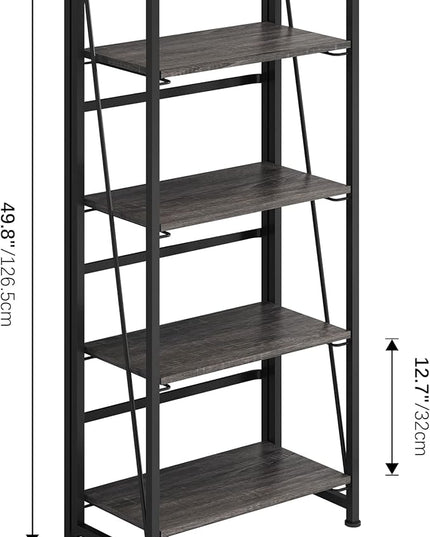 4NM No-Assembly Folding Bookshelf Storage Shelves 4 Tiers Vintage Bookcase Standing Racks Study Organizer Home Office (Gray and Black) - LeafyLoom