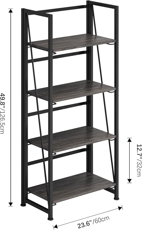 4NM No-Assembly Folding Bookshelf Storage Shelves 4 Tiers Vintage Bookcase Standing Racks Study Organizer Home Office (Gray and Black) - LeafyLoom