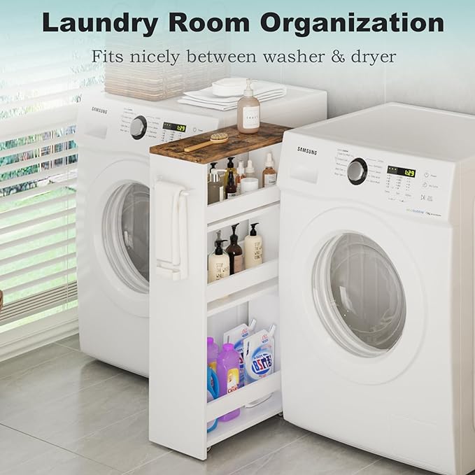MARTY Rolling Storage Cart 7.9" W, 4-Tier White Kitchen Cart on Wheels, Slim Storage Cart with Handle for Laundry Narrow Places Bathroom Small Corner - LeafyLoom