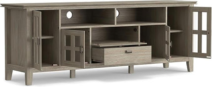 SIMPLIHOME Artisan SOLID WOOD Universal TV Media Stand, 72 inch Wide, Transitional, Living Room Entertainment Center, Storage Cabinet, for Flat Screen TVs up to 80 inches in Distressed Grey - LeafyLoom