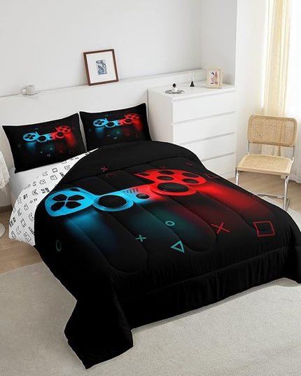 Erosebridal Boys Gamepad Comforter Set King,Play Gamer Bedding Set Kid Young Man Video Games Down for Teen Child Game Room Decor Black Classic Retro Gaming Quilt Duvet Set with Controller Button - LeafyLoom