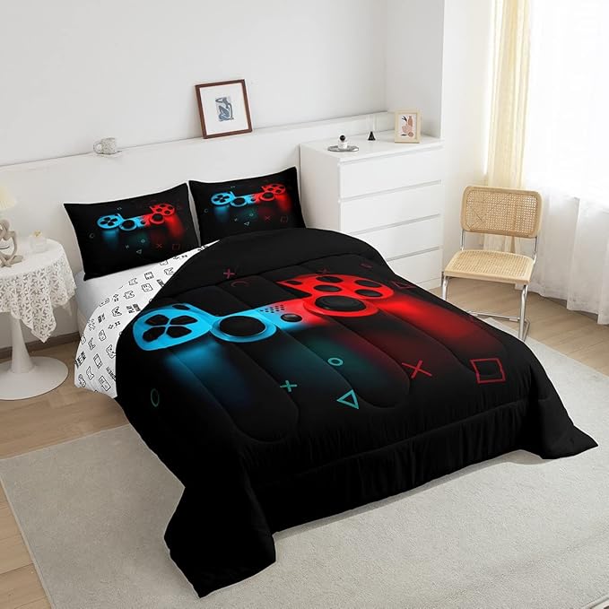 Erosebridal Boys Gamepad Comforter Set King,Play Gamer Bedding Set Kid Young Man Video Games Down for Teen Child Game Room Decor Black Classic Retro Gaming Quilt Duvet Set with Controller Button - LeafyLoom