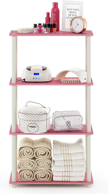 Furinno Turn-N-Tube 4-Tier Multipurpose Shelf Display Rack, Round Tubes, Pink/White - LeafyLoom